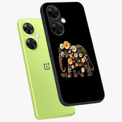 Floral Elephant Glass Case for 1+Nord CE 3 Lite angled mockup showcasing glossy finish and vibrant cultural tones