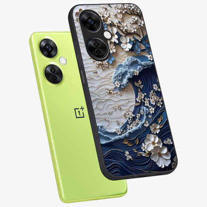 Floral Wave Origami Glass Case for 1+Nord CE 3 Lite angled mockup showcasing glossy glass finish and geometric bloom detailing