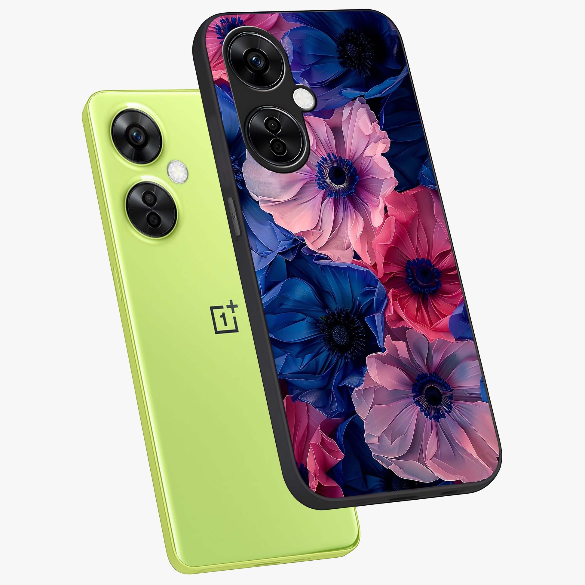 Flower Paper Art Pattern Glass Case for 1+Nord CE 3 Lite angled mockup showcasing glossy finish and textured paper detailing