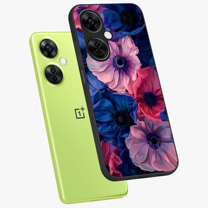 Flower Paper Art Pattern Glass Case for 1+Nord CE 3 Lite angled mockup showcasing glossy finish and textured paper detailing