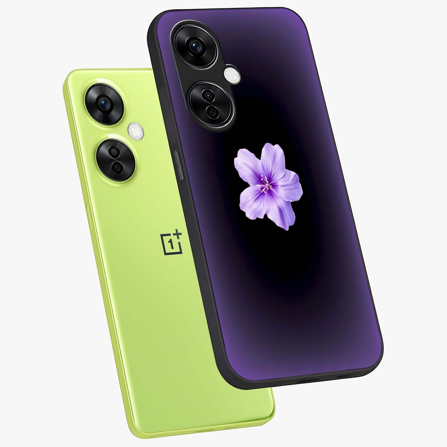 Flower on Soft Violet Gradient Glass Case for 1+Nord CE 3 Lite angled mockup showcasing glossy finish and pastel purple tones