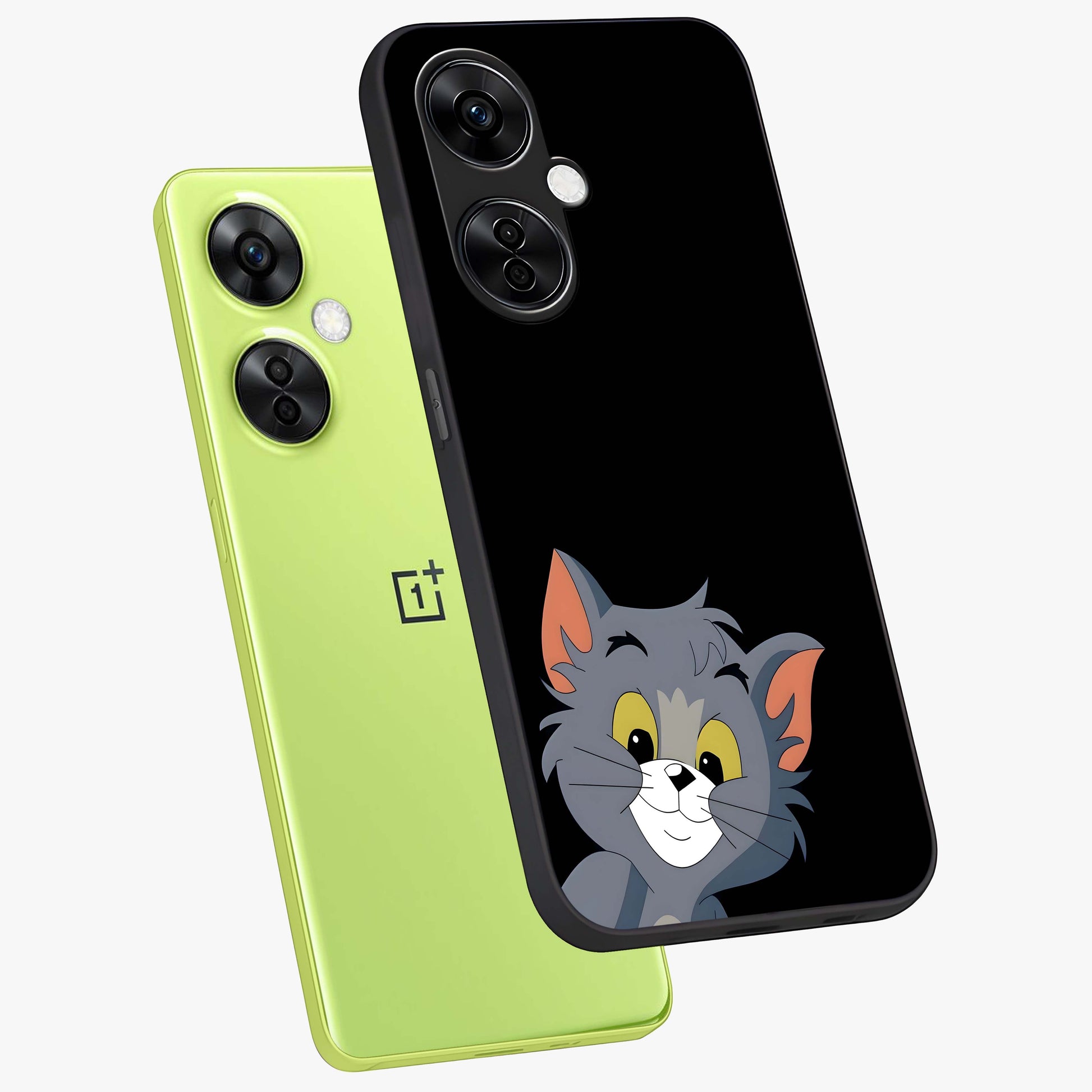 Forever Chasing Love Tom Glass Case for 1+Nord CE 3 Lite angled mockup showcasing glossy finish and lively cartoon detailing