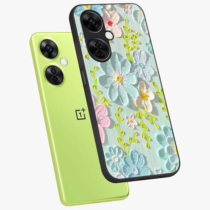 Frosted Petal Garden Glass Case for 1+Nord CE 3 Lite angled mockup showcasing glossy finish and pastel bloom detailing