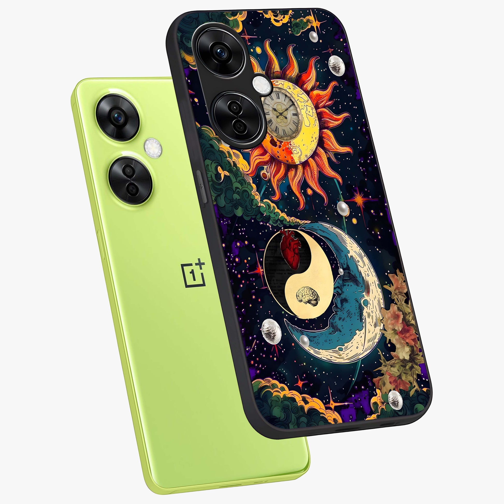 Future Universe Glass Case for 1+Nord CE 3 Lite angled mockup showcasing glossy finish and vibrant space tones