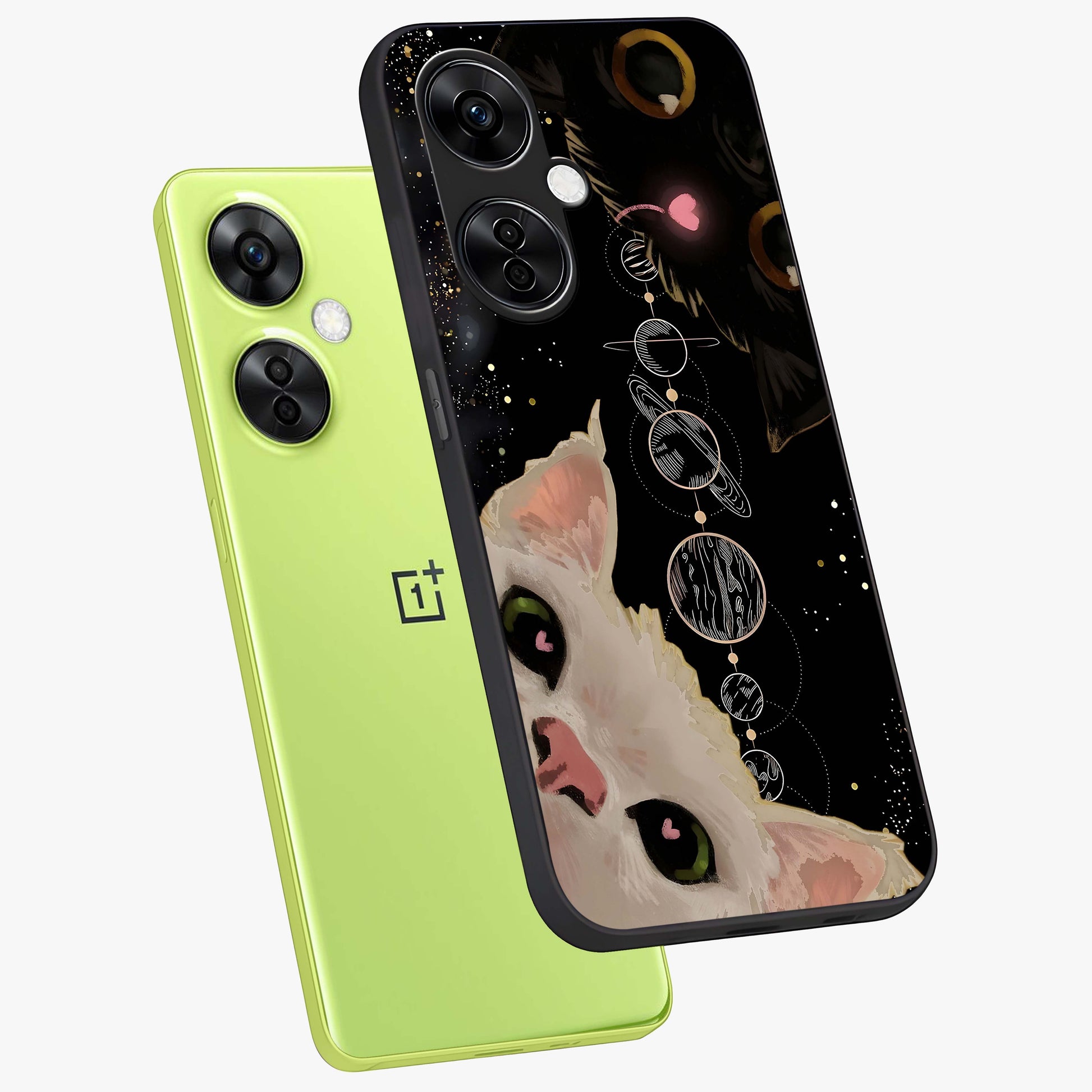Galactic Cat Glass Case for 1+Nord CE 3 Lite angled mockup showcasing glossy finish and luminous space detailing