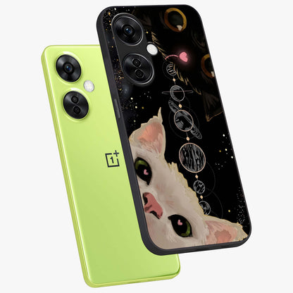 Galactic Cat Glass Case for 1+Nord CE 3 Lite angled mockup showcasing glossy finish and luminous space detailing
