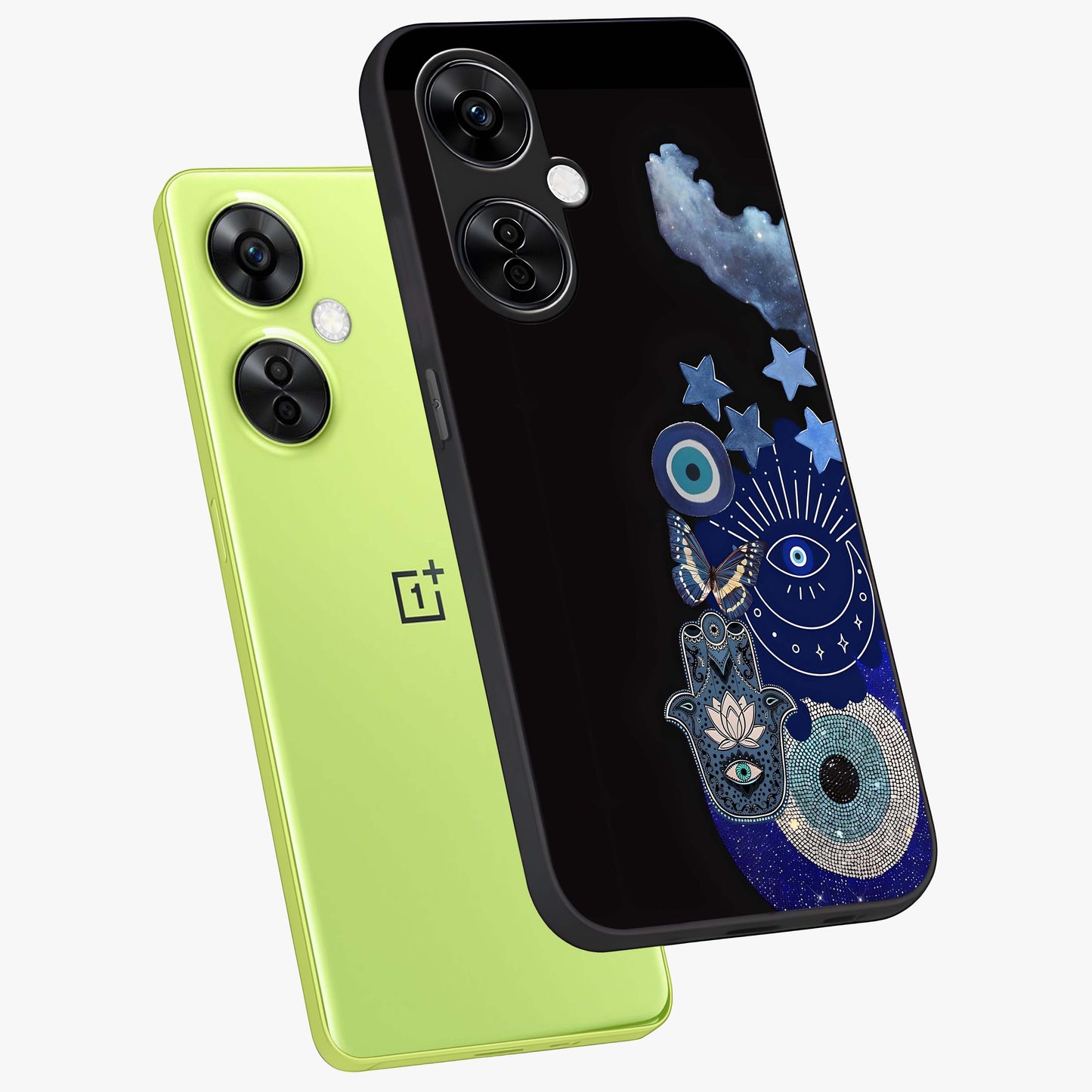 Galactic Charm Cluster Glass Case for 1+Nord CE 3 Lite angled mockup showcasing glossy finish and vibrant star detailing