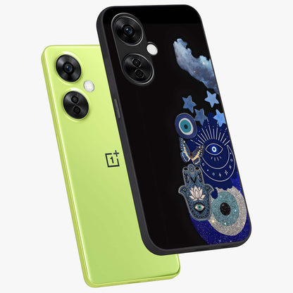 Galactic Charm Cluster Glass Case for 1+Nord CE 3 Lite angled mockup showcasing glossy finish and vibrant star detailing
