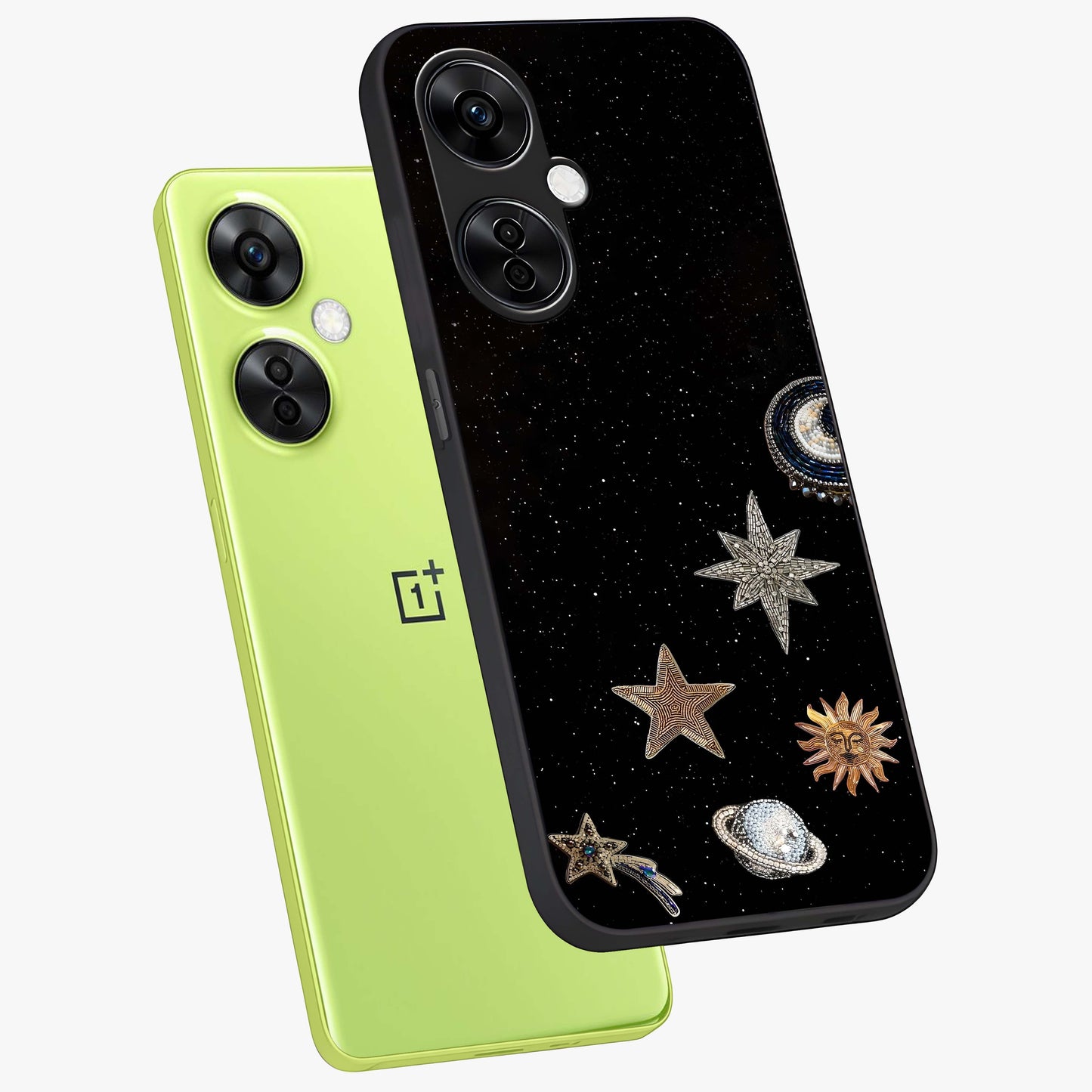 Galactic Charm Glow Glass Case for 1+Nord CE 3 Lite angled mockup showcasing glossy glass finish and luminous galaxy tones
