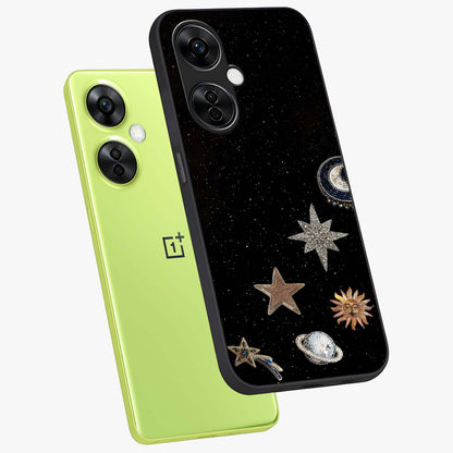 Galactic Charm Glow Glass Case for 1+Nord CE 3 Lite angled mockup showcasing glossy glass finish and luminous galaxy tones