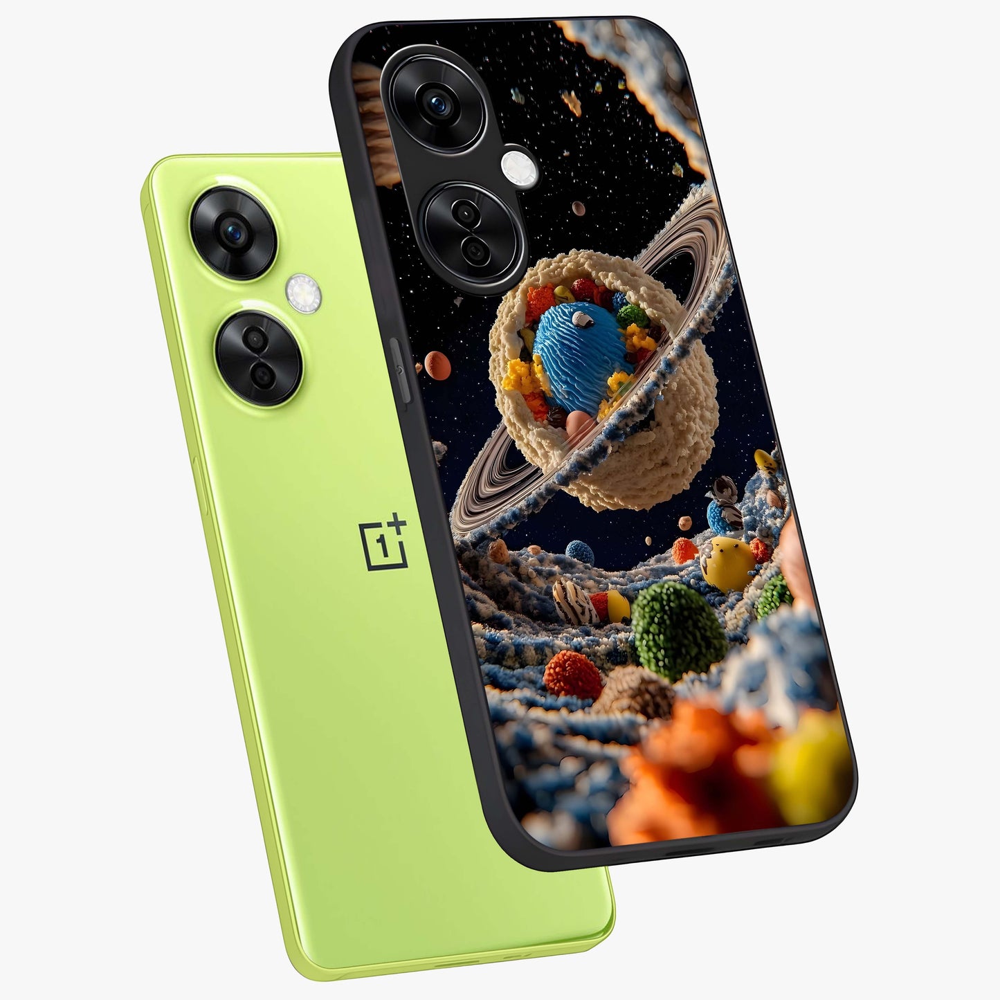 Galactic Dessert Dream Printed Glass Case for 1+Nord CE 3 Lite angled mockup showcasing glossy finish and colorful galaxy tones