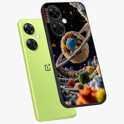 Galactic Dessert Dream Printed Glass Case for 1+Nord CE 3 Lite angled mockup showcasing glossy finish and colorful galaxy tones