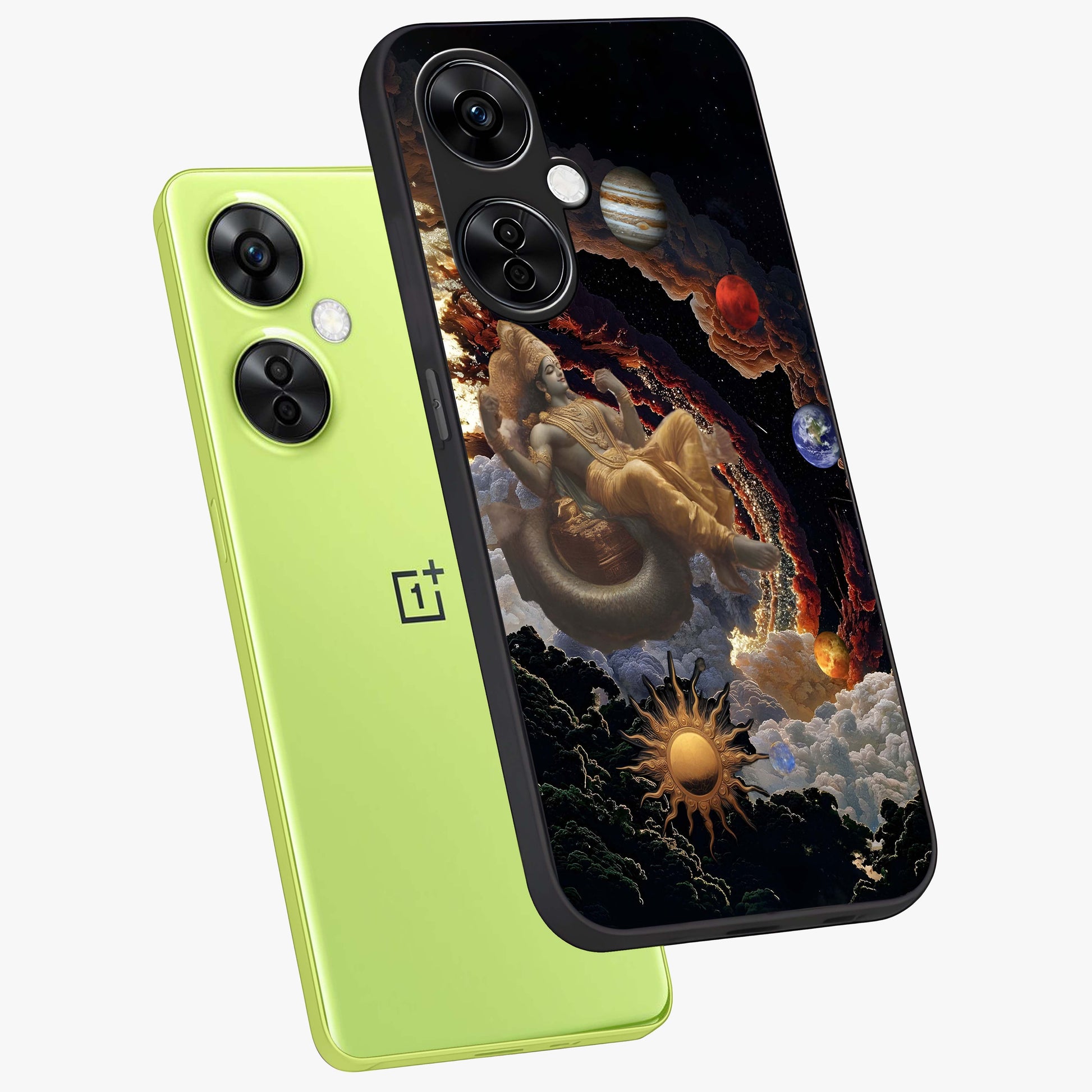 Galactic Divine God Glass Case for 1+Nord CE 3 Lite angled mockup showcasing glossy finish and celestial spiritual tones