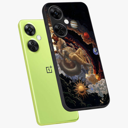 Galactic Divine God Glass Case for 1+Nord CE 3 Lite angled mockup showcasing glossy finish and celestial spiritual tones