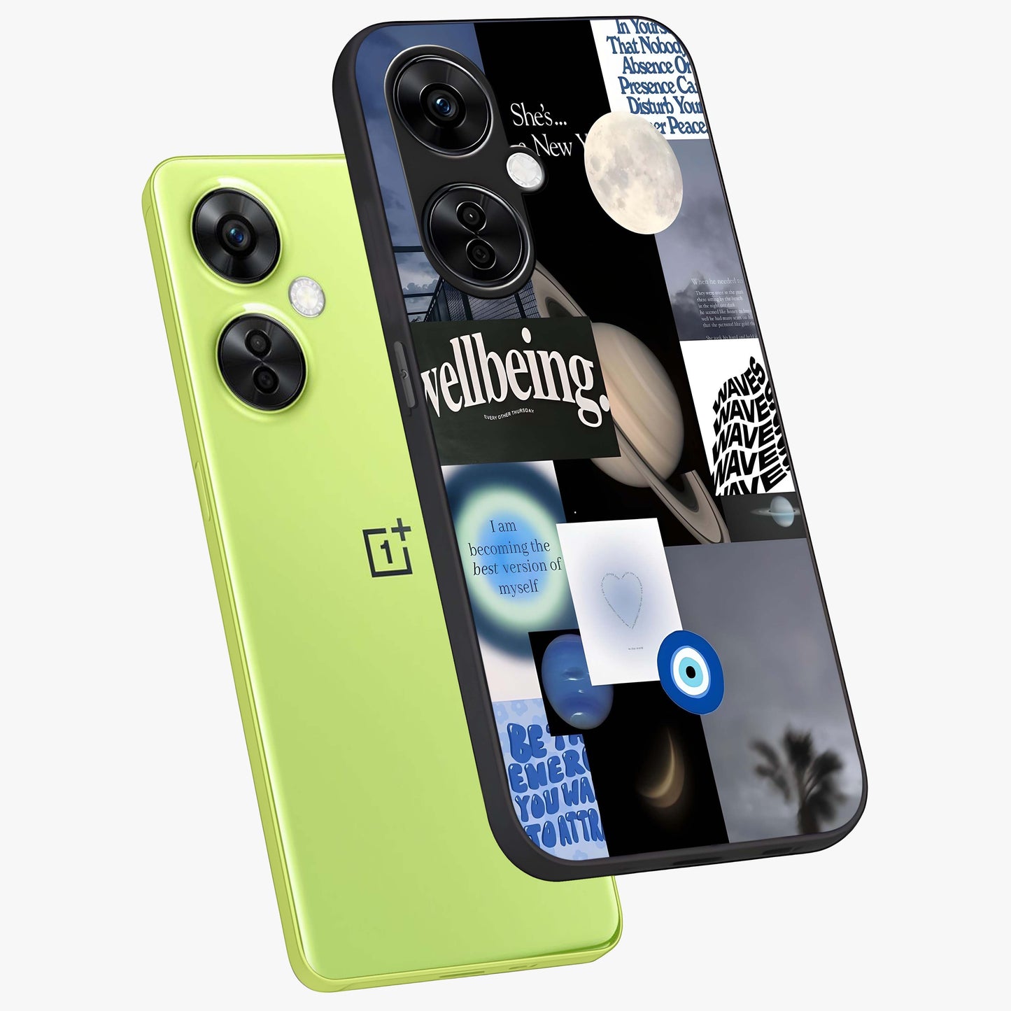 Galactic Energy Collage Glass Case for 1+Nord CE 3 Lite angled mockup showcasing glossy finish and vibrant space textures