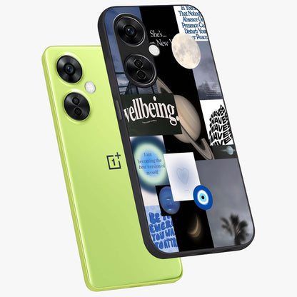 Galactic Energy Collage Glass Case for 1+Nord CE 3 Lite angled mockup showcasing glossy finish and vibrant space textures
