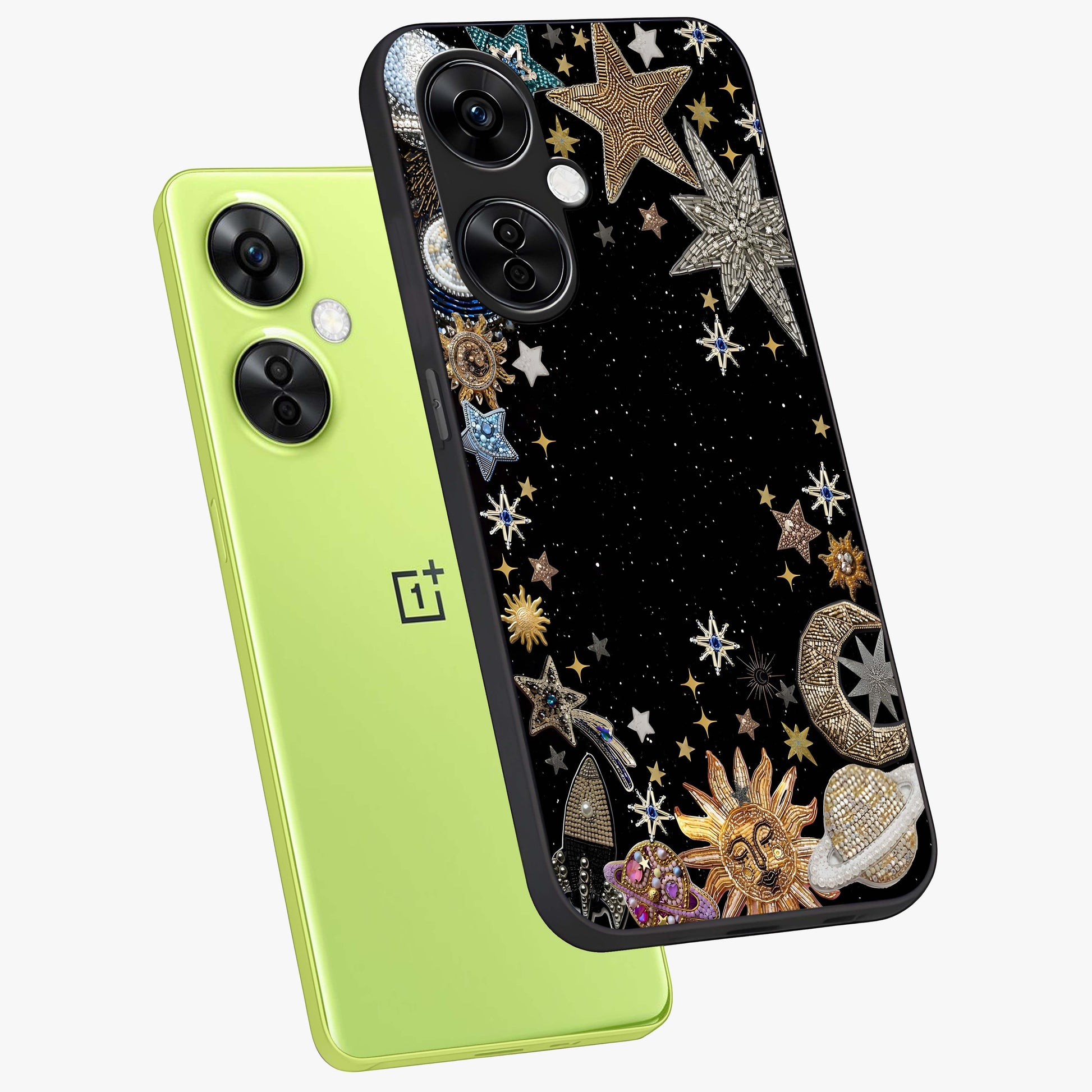 Galactic Jewel Stars Glass Case for 1+Nord CE 3 Lite angled mockup showcasing glossy finish and radiant cosmic tones