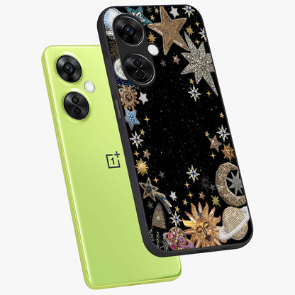 Galactic Jewel Stars Glass Case for 1+Nord CE 3 Lite angled mockup showcasing glossy finish and radiant cosmic tones