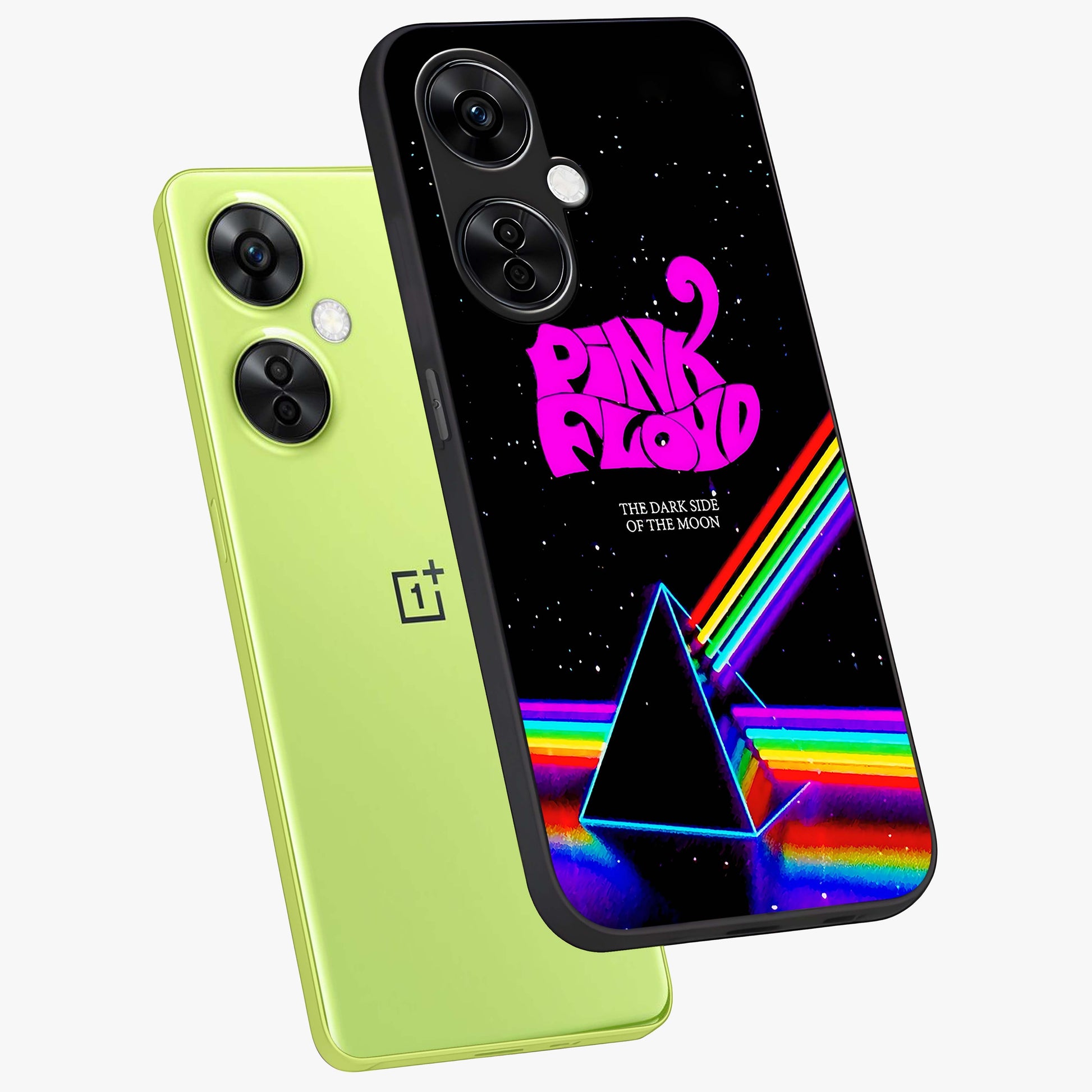 Galactic Light Frequency Glass Case for 1+Nord CE 3 Lite angled mockup showcasing glossy finish and vibrant neon detailing