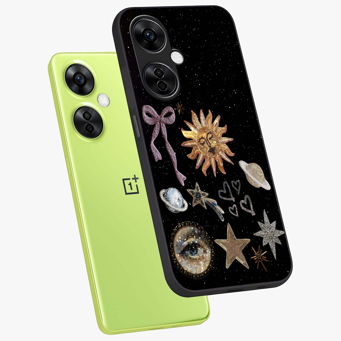 Galactic Sun Charm Glass Case for 1+Nord CE 3 Lite angled mockup showcasing glossy finish and warm galaxy tones