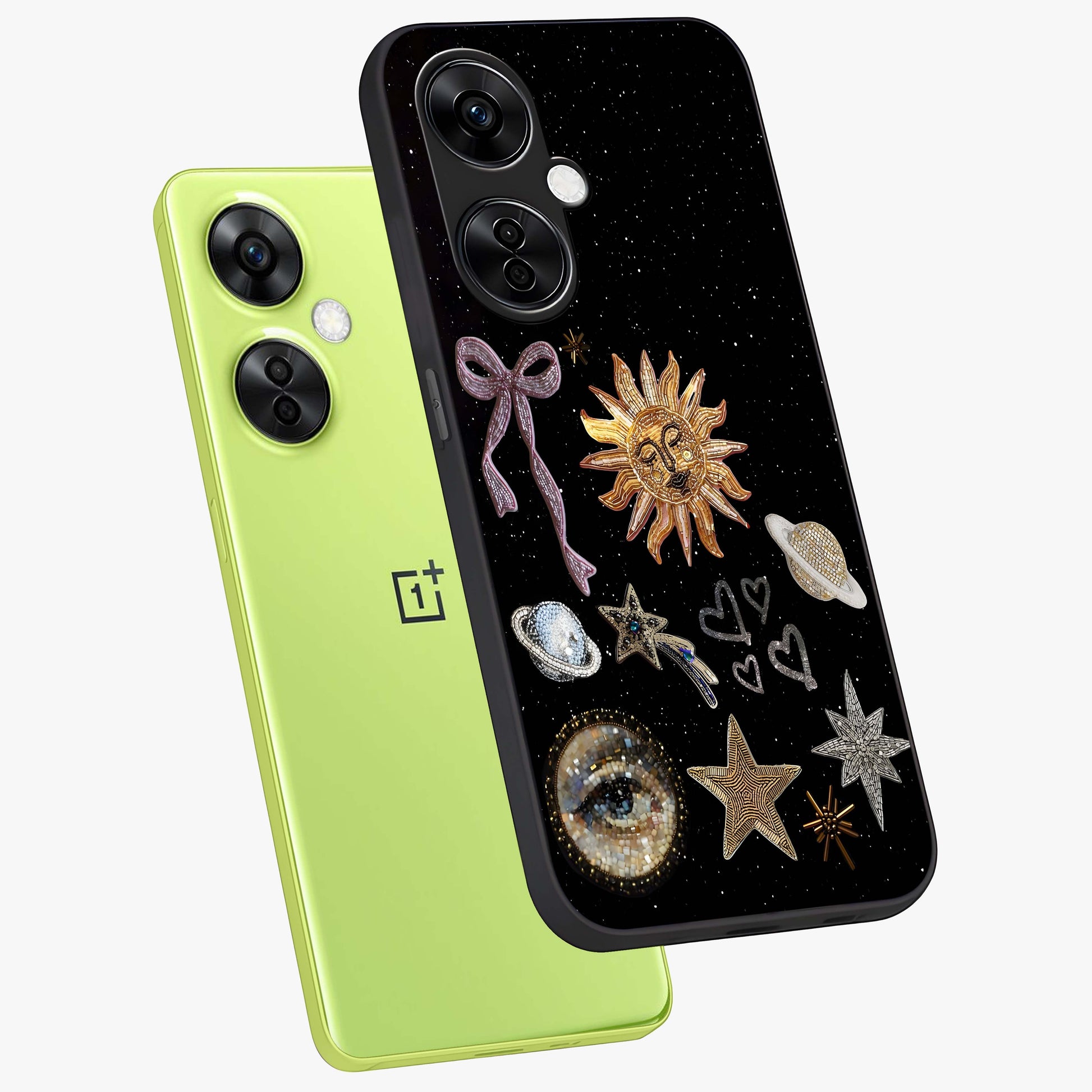 Galactic Sun Charm Glass Case for 1+Nord CE 3 Lite angled mockup showcasing glossy finish and warm galaxy tones