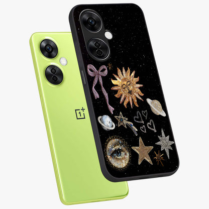 Galactic Sun Charm Glass Case for 1+Nord CE 3 Lite angled mockup showcasing glossy finish and warm galaxy tones