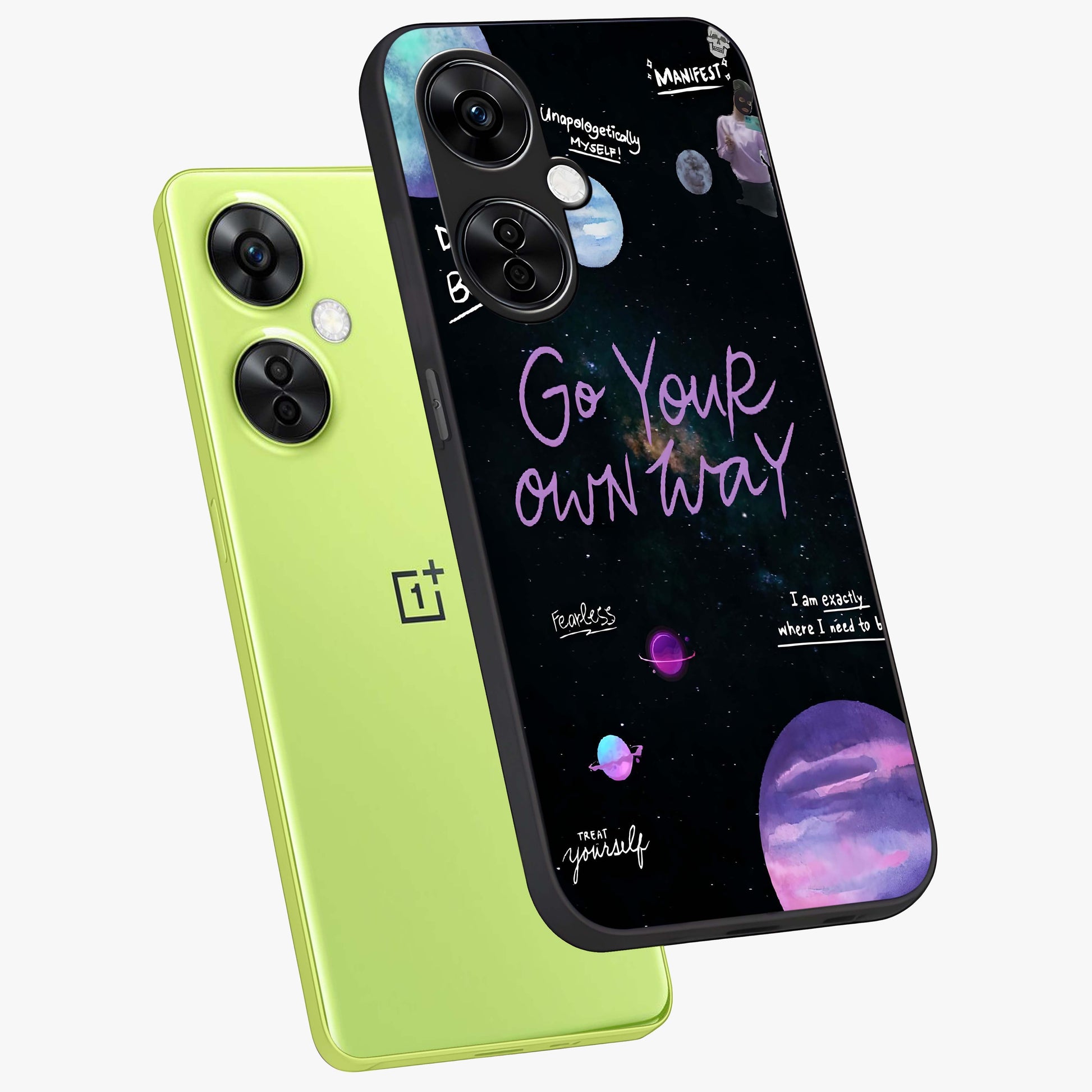 Galactic Vibes Universe Glass Case for 1+Nord CE 3 Lite angled mockup showcasing glossy finish and deep space gradients
