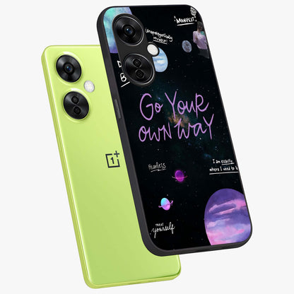 Galactic Vibes Universe Glass Case for 1+Nord CE 3 Lite angled mockup showcasing glossy finish and deep space gradients