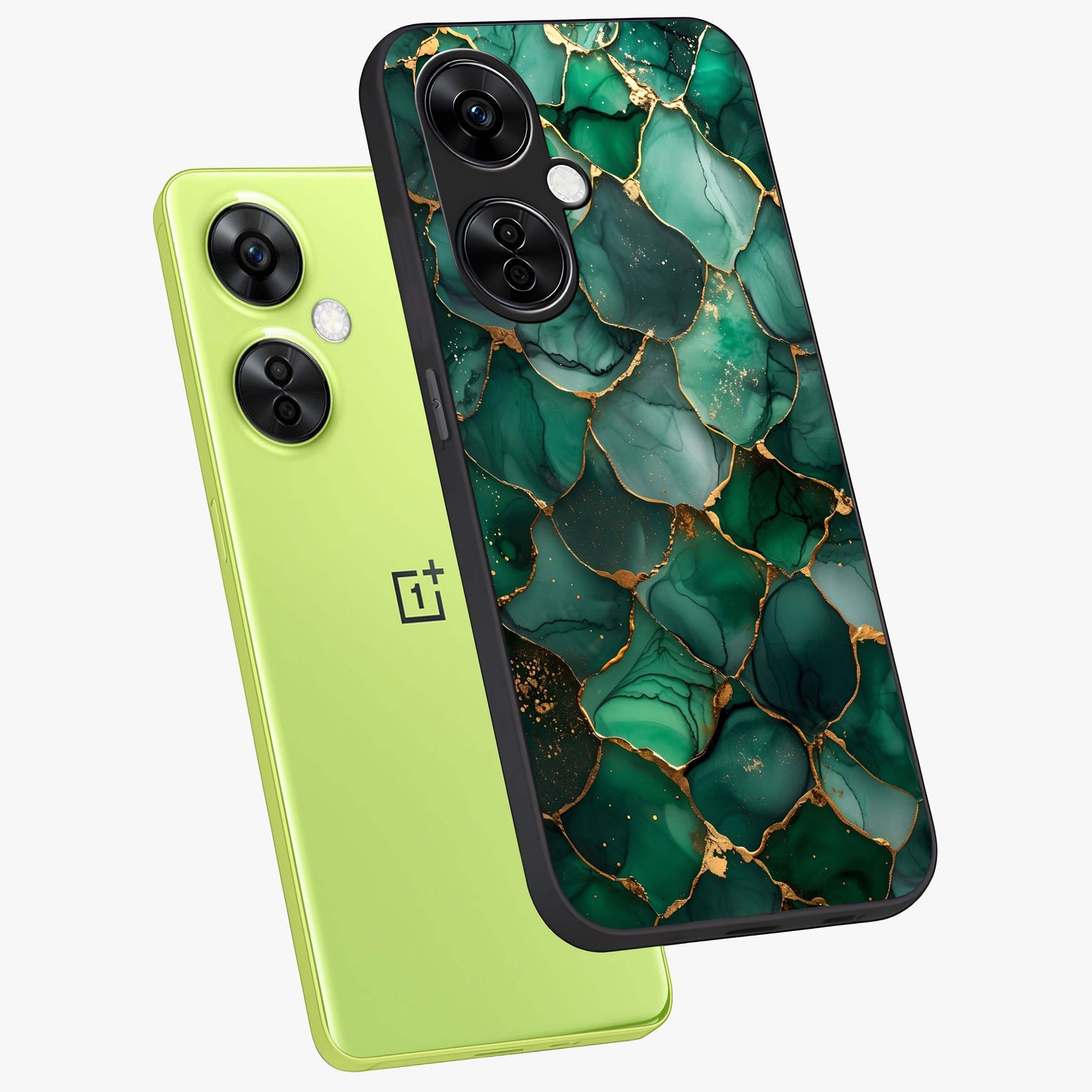 Geometric Polyester Pattern Glass Case for 1+Nord CE 3 Lite angled mockup showcasing glossy finish and clean structured detailing