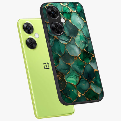 Geometric Polyester Pattern Glass Case for 1+Nord CE 3 Lite angled mockup showcasing glossy finish and clean structured detailing