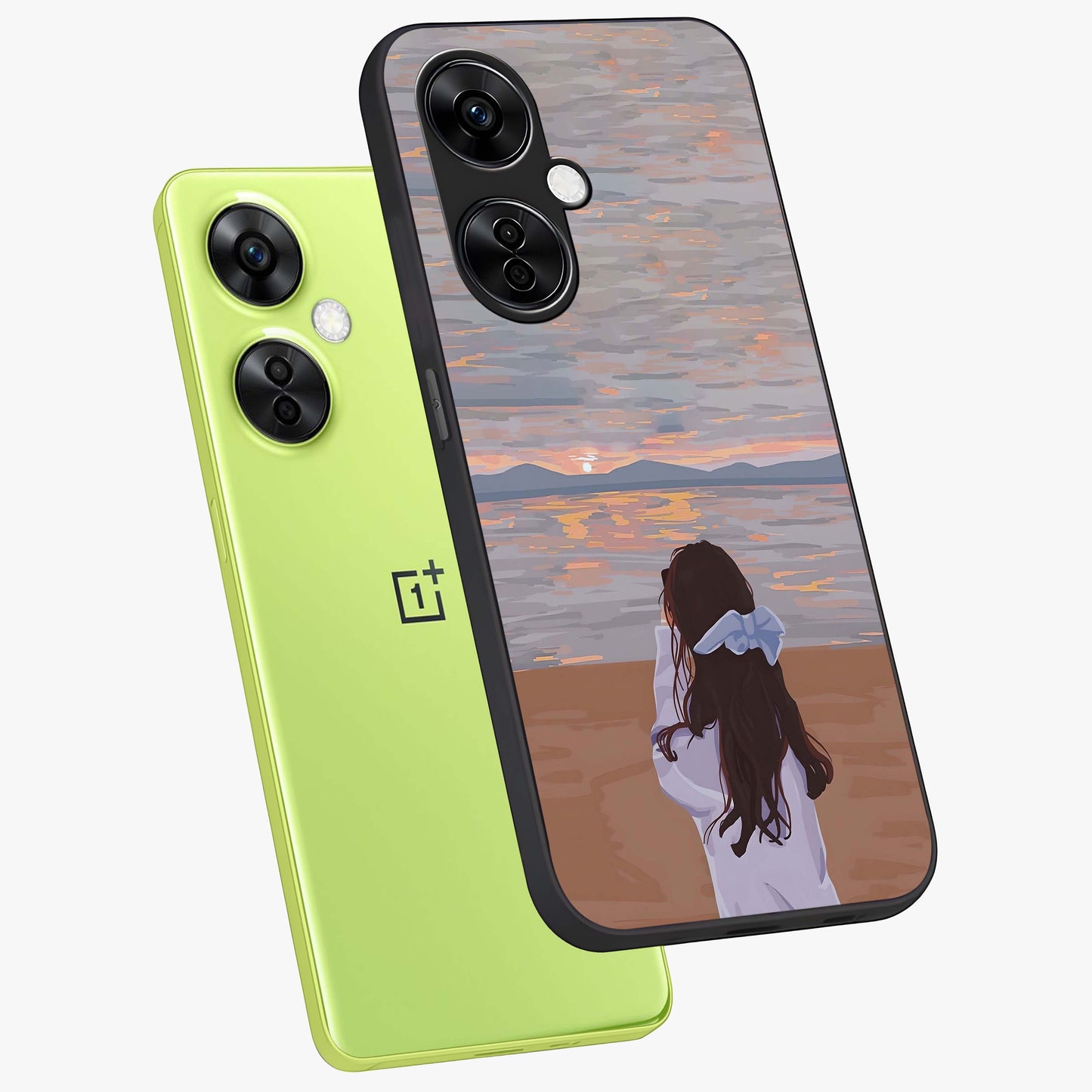 Girl Facing Sunset Beach Glass Case for 1+Nord CE 3 Lite angled mockup showcasing glossy glass finish and warm beach tones