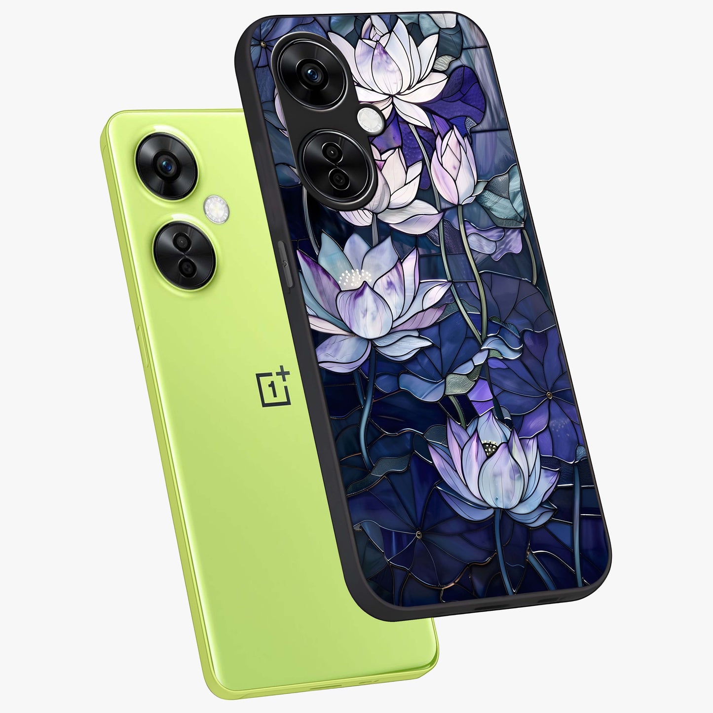 Gloss Petal Rush Glass Case for 1+Nord CE 3 Lite angled mockup showcasing shiny glass finish and vibrant bloom detailing