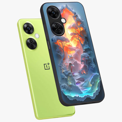 Glow Forest Portal Glass Case for 1+Nord CE 3 Lite angled mockup showcasing glossy finish and luminous green tones