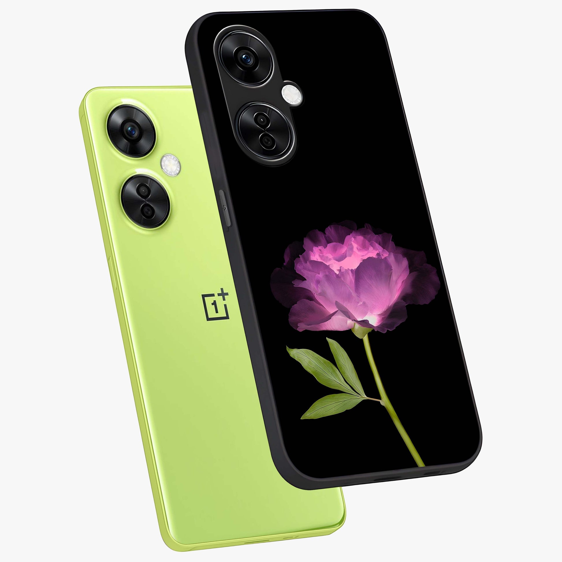 Glow Petal Bloom Glass Case for 1+Nord CE 3 Lite angled mockup showcasing glossy finish and vibrant petal detailing