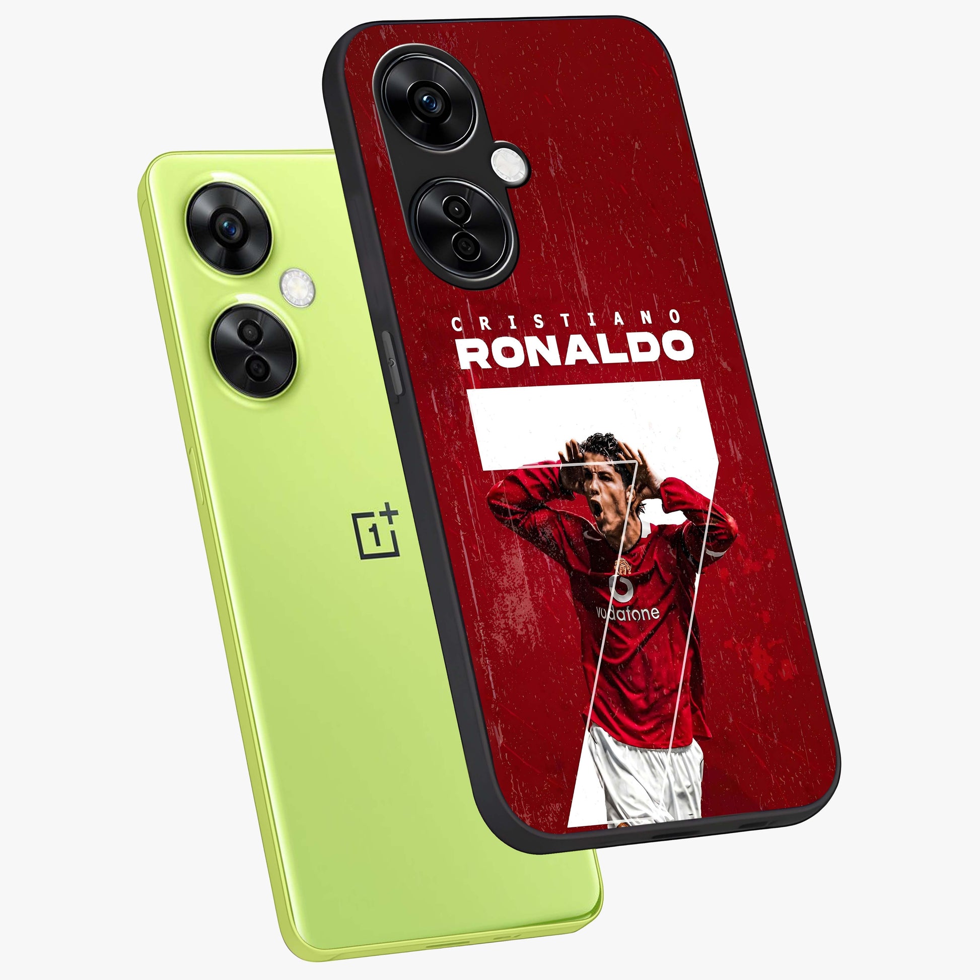 Goal Celebration Legacy Glass Case for 1+Nord CE 3 Lite angled mockup showcasing glossy finish and dynamic action tones