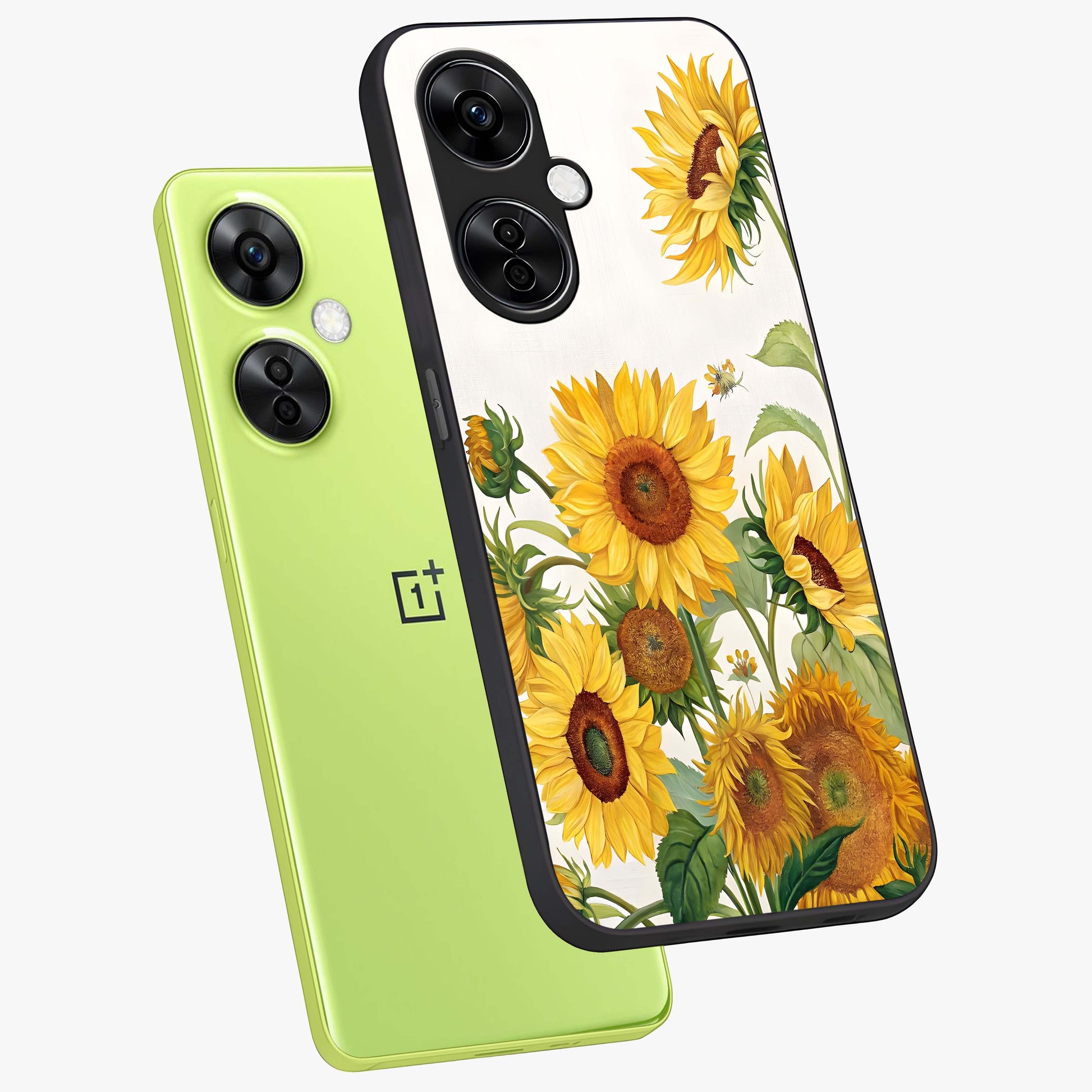 Golden Bloom Fields Glass Case for 1+Nord CE 3 Lite angled mockup showcasing glossy finish and warm golden gradients