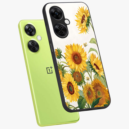 Golden Bloom Fields Glass Case for 1+Nord CE 3 Lite angled mockup showcasing glossy finish and warm golden gradients