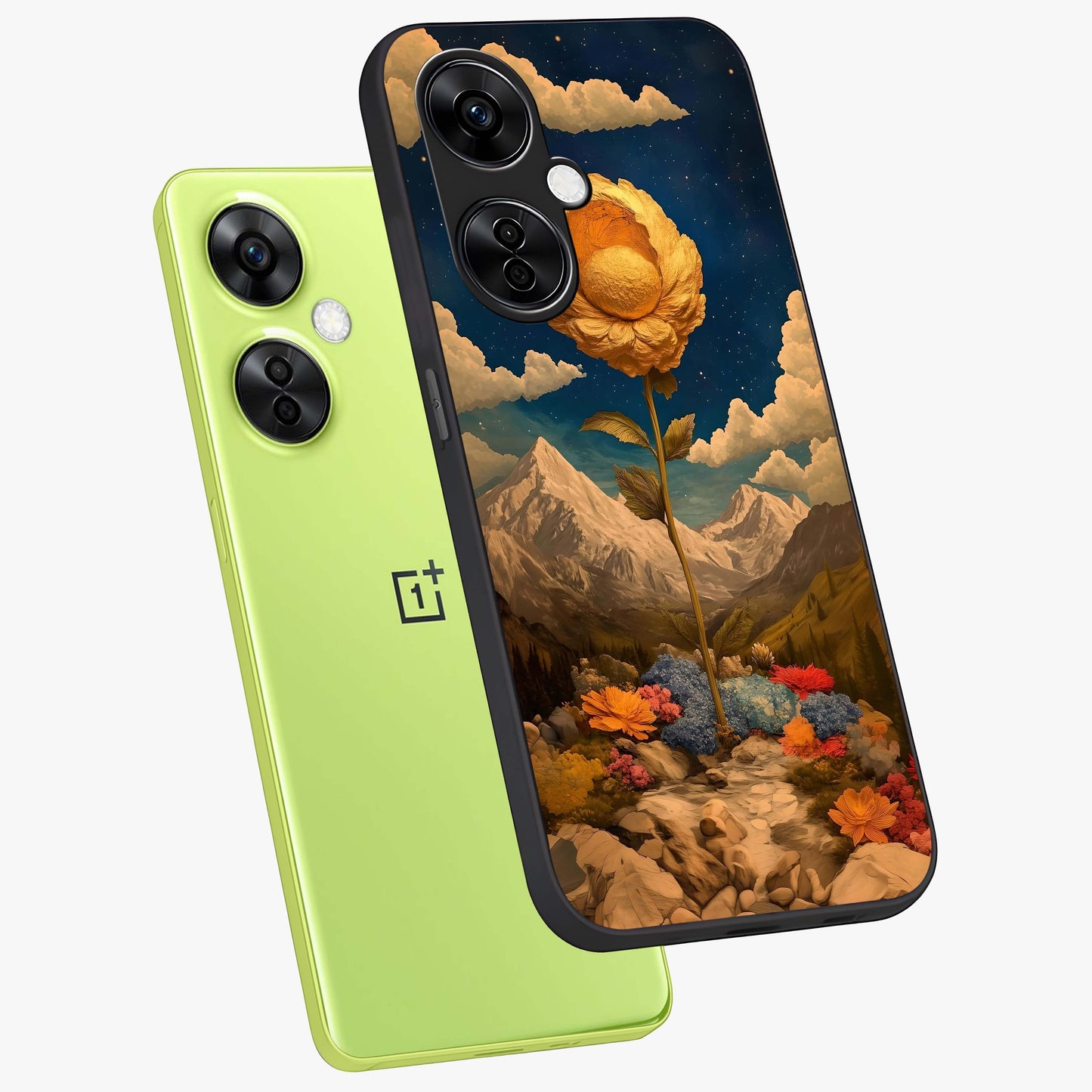 Golden Bloom Night Glass Case for 1+Nord CE 3 Lite angled mockup showcasing glossy glass finish and rich night tones
