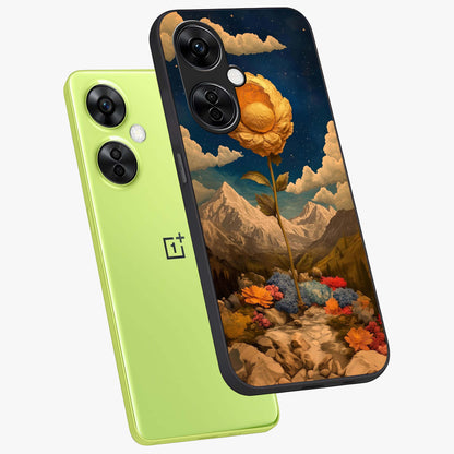 Golden Bloom Night Glass Case for 1+Nord CE 3 Lite angled mockup showcasing glossy glass finish and rich night tones