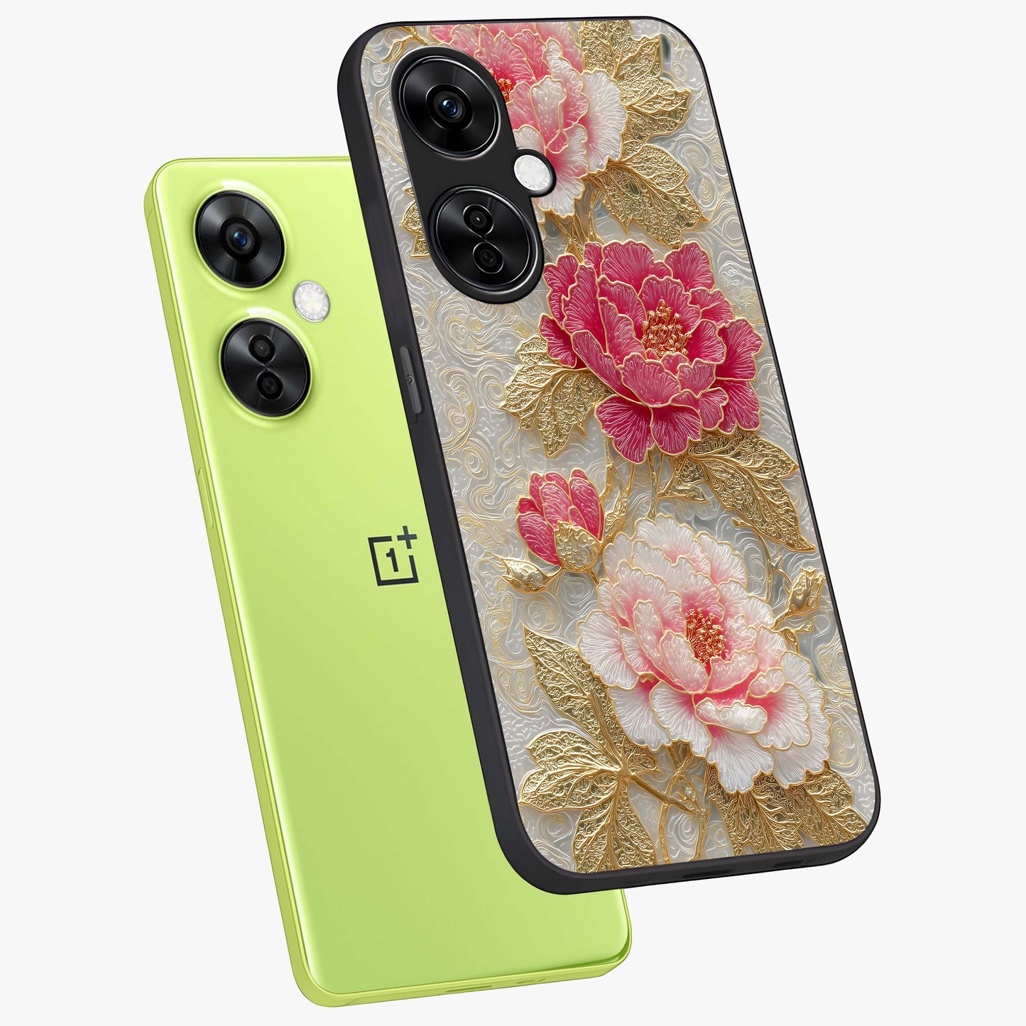Golden Blossom Elegance Glass Case for 1+Nord CE 3 Lite angled mockup showcasing glossy finish and luxurious bloom tones
