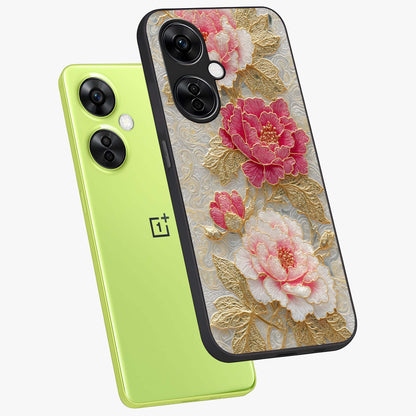 Golden Blossom Elegance Glass Case for 1+Nord CE 3 Lite angled mockup showcasing glossy finish and luxurious bloom tones