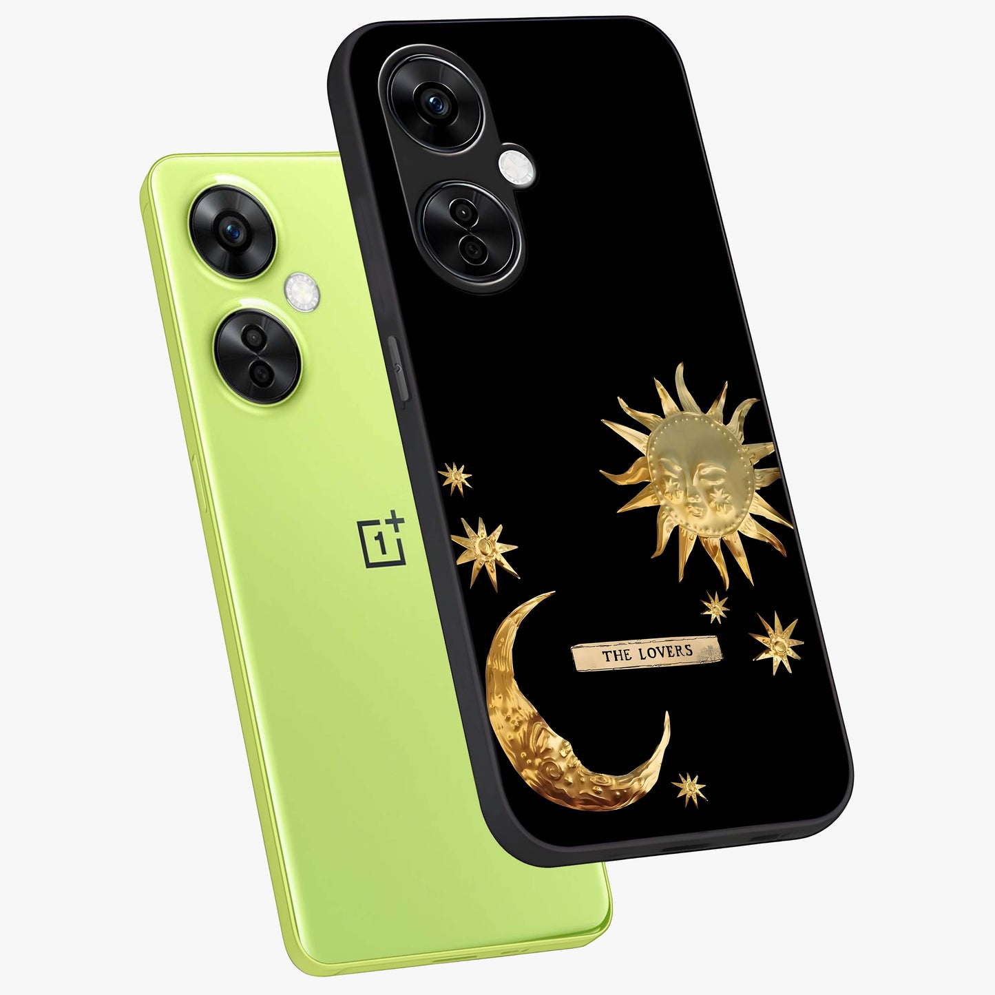 Golden Celestial Charm Glass Case for 1+Nord CE 3 Lite angled mockup showcasing glossy finish and shimmering cosmic tones