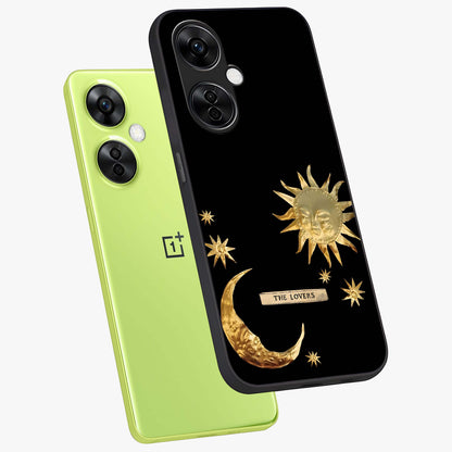 Golden Celestial Charm Glass Case for 1+Nord CE 3 Lite angled mockup showcasing glossy finish and shimmering cosmic tones