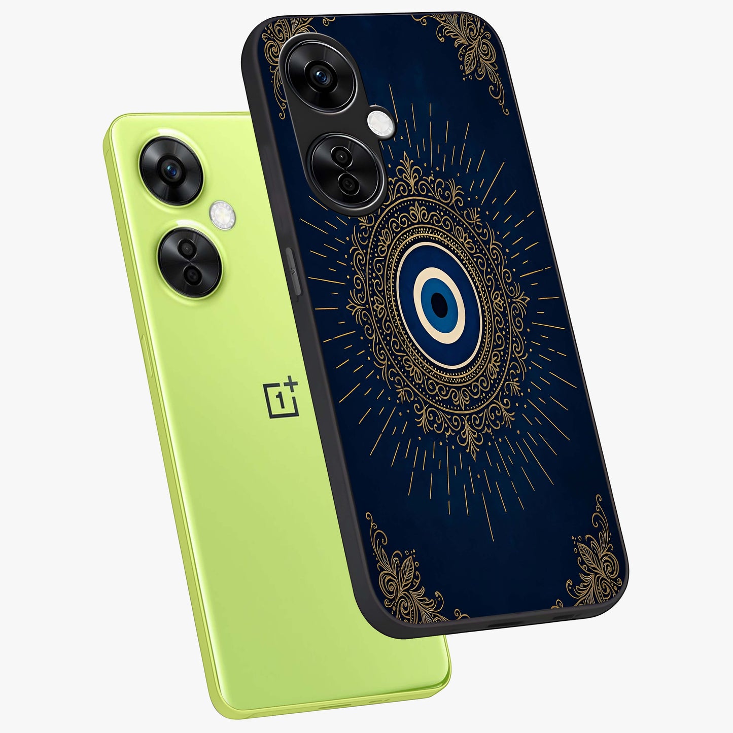 Golden Evil Eye Mandala Glass Case for 1+Nord Ce 3 Lite angled mockup showcasing glossy finish and detailed ornamental design