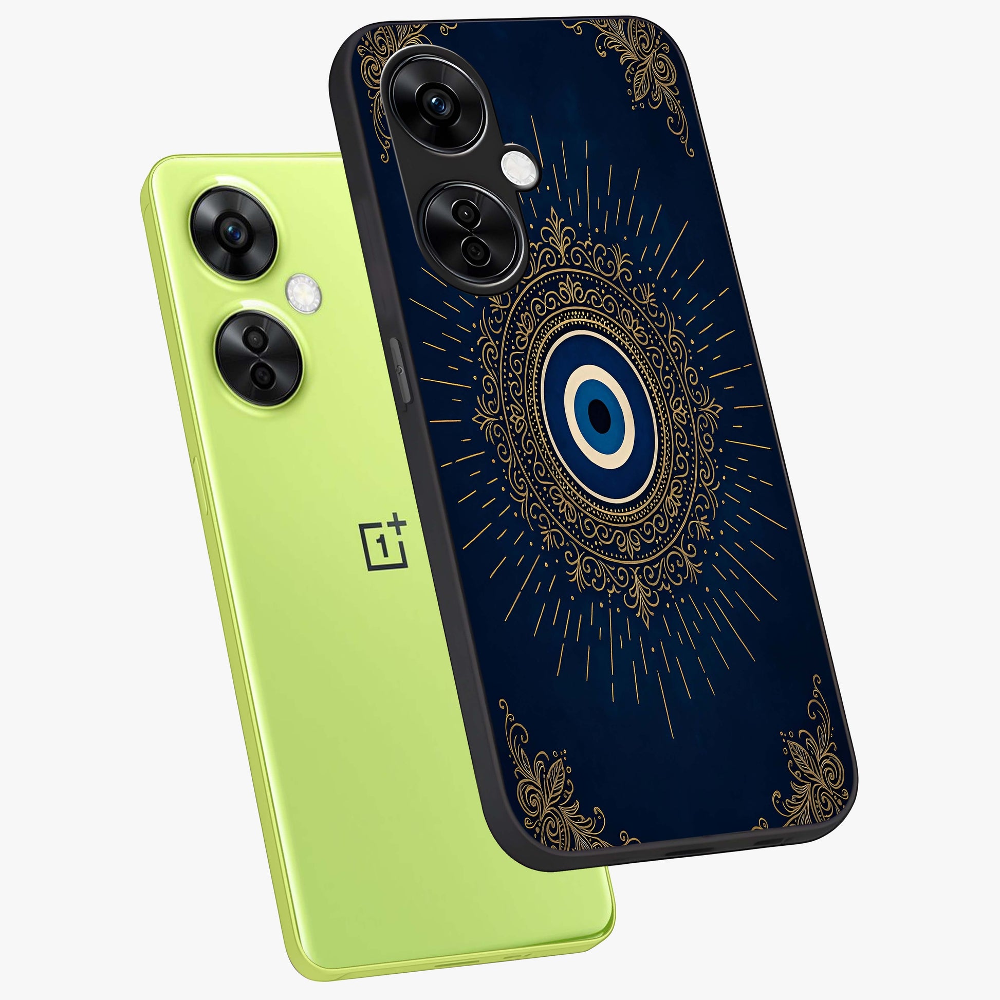 Golden Evil Eye Mandala Glass Case for 1+Nord Ce 3 Lite angled mockup showcasing glossy finish and detailed ornamental design