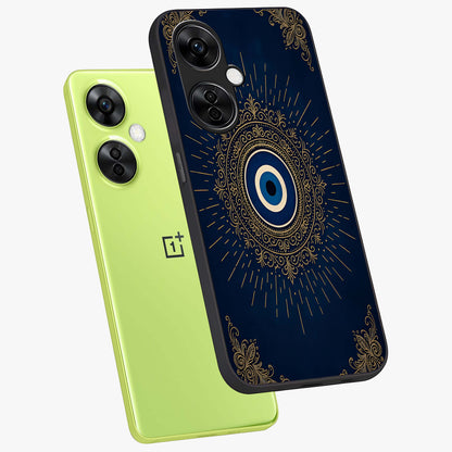 Golden Evil Eye Mandala Glass Case for 1+Nord Ce 3 Lite angled mockup showcasing glossy finish and detailed ornamental design