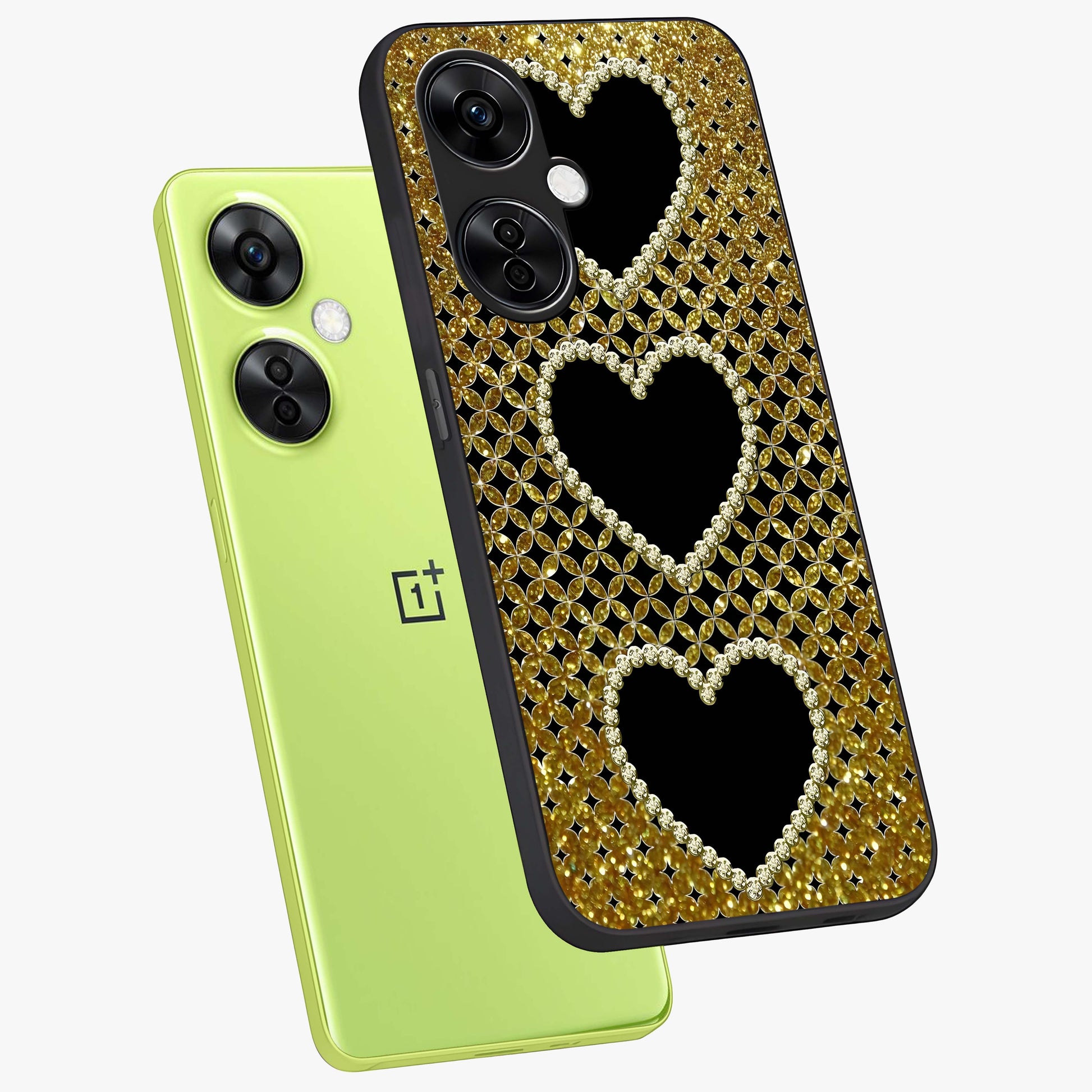 Golden Heart Glow Glass Case for 1+Nord CE 3 Lite angled mockup showcasing glossy finish and radiant warm tones