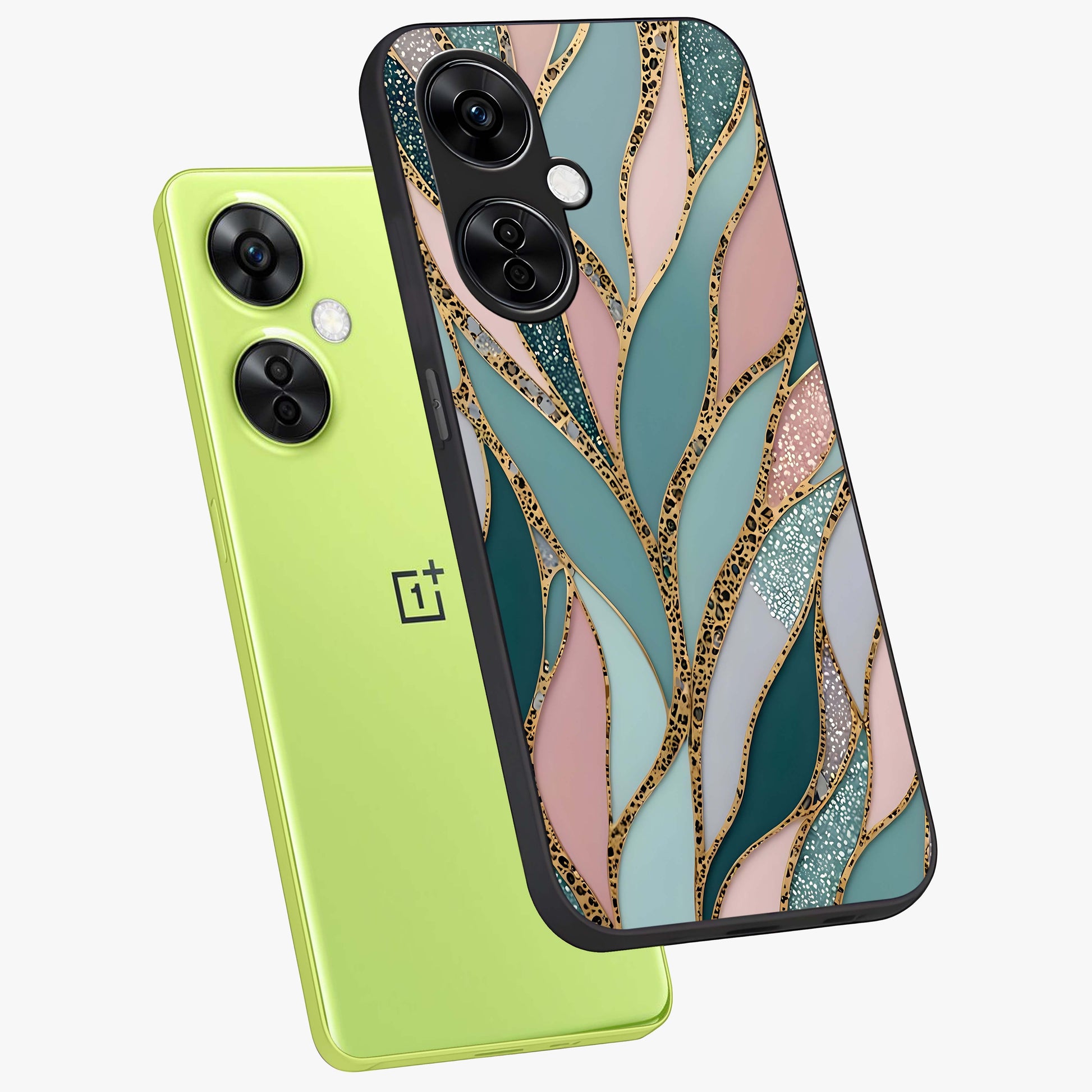 Golden Leaf Dreams Glass Case for 1+Nord CE 3 Lite angled mockup showcasing glossy finish and refined botanical tones