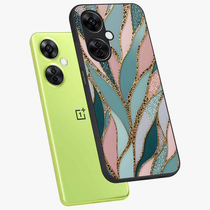 Golden Leaf Dreams Glass Case for 1+Nord CE 3 Lite angled mockup showcasing glossy finish and refined botanical tones
