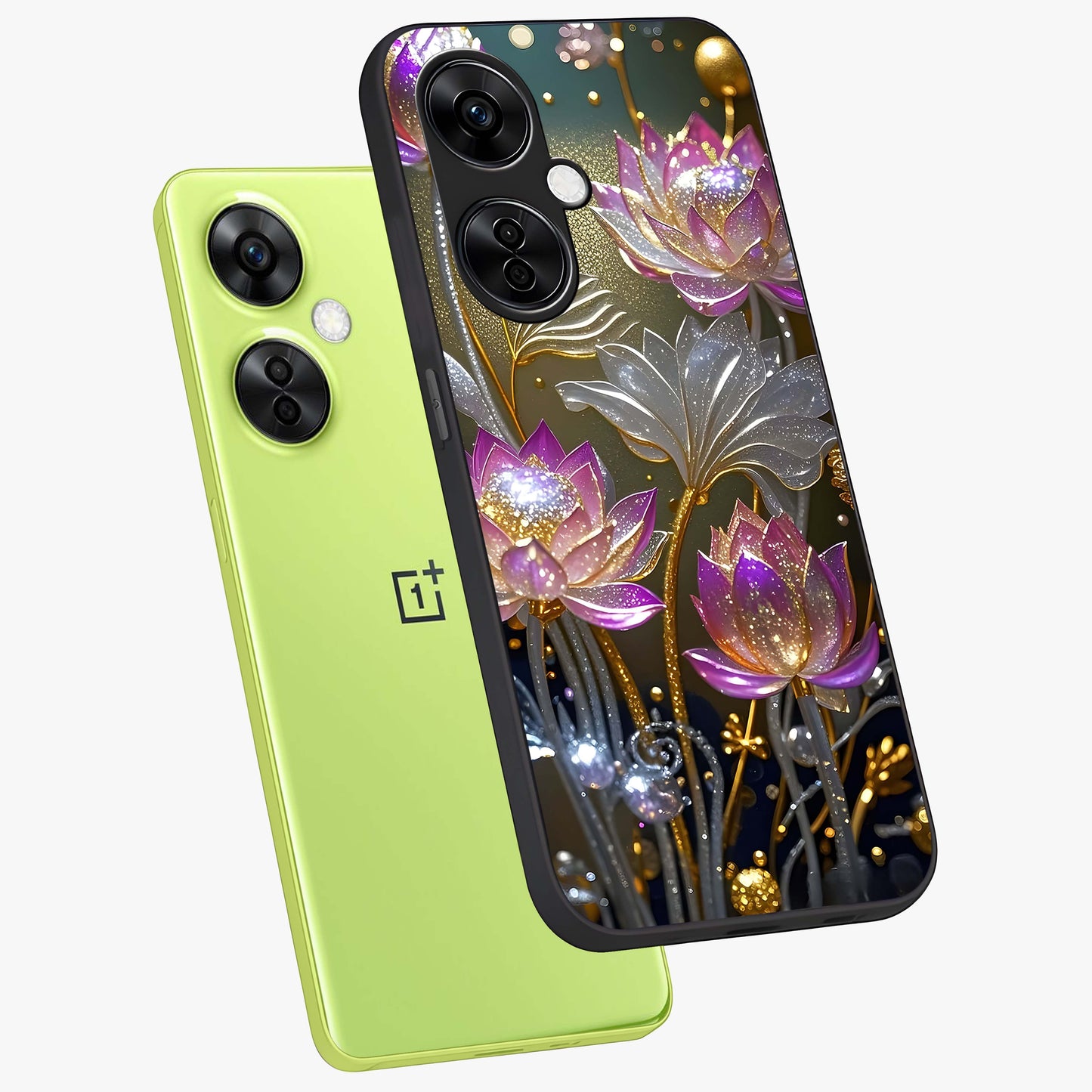 Golden Lotus Glow Glass Case for 1+Nord CE 3 Lite angled mockup showcasing glossy finish and luminous spiritual tones
